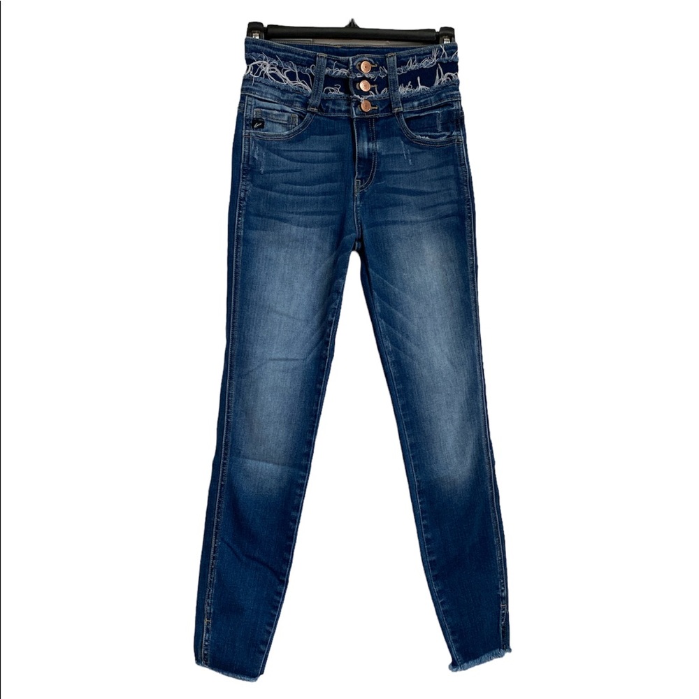 KanCan Fray Hem Waist Buttonfly High Rise Faded Dark Wash Ankle Denim Jeans 1/24